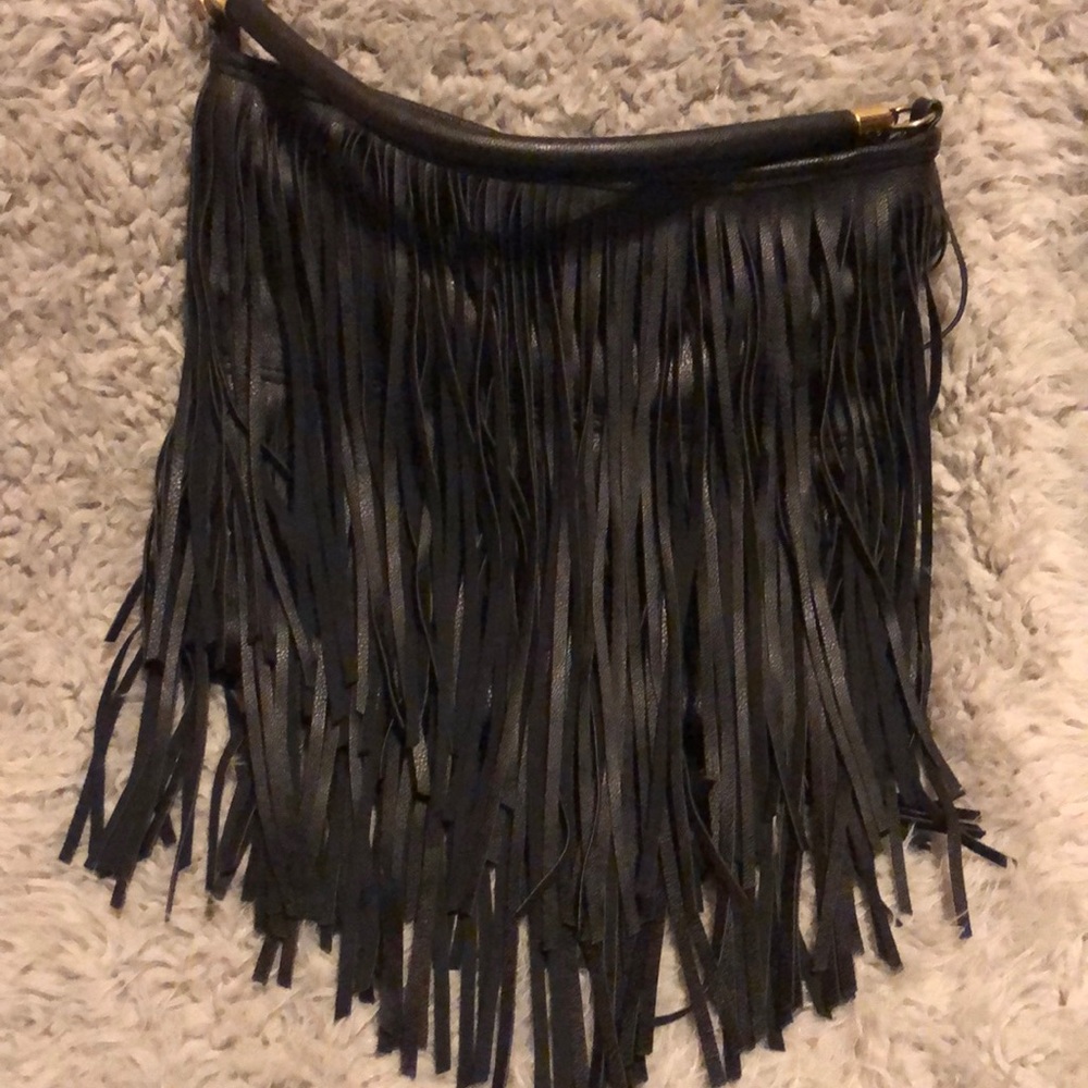Black faux leather fringe bag